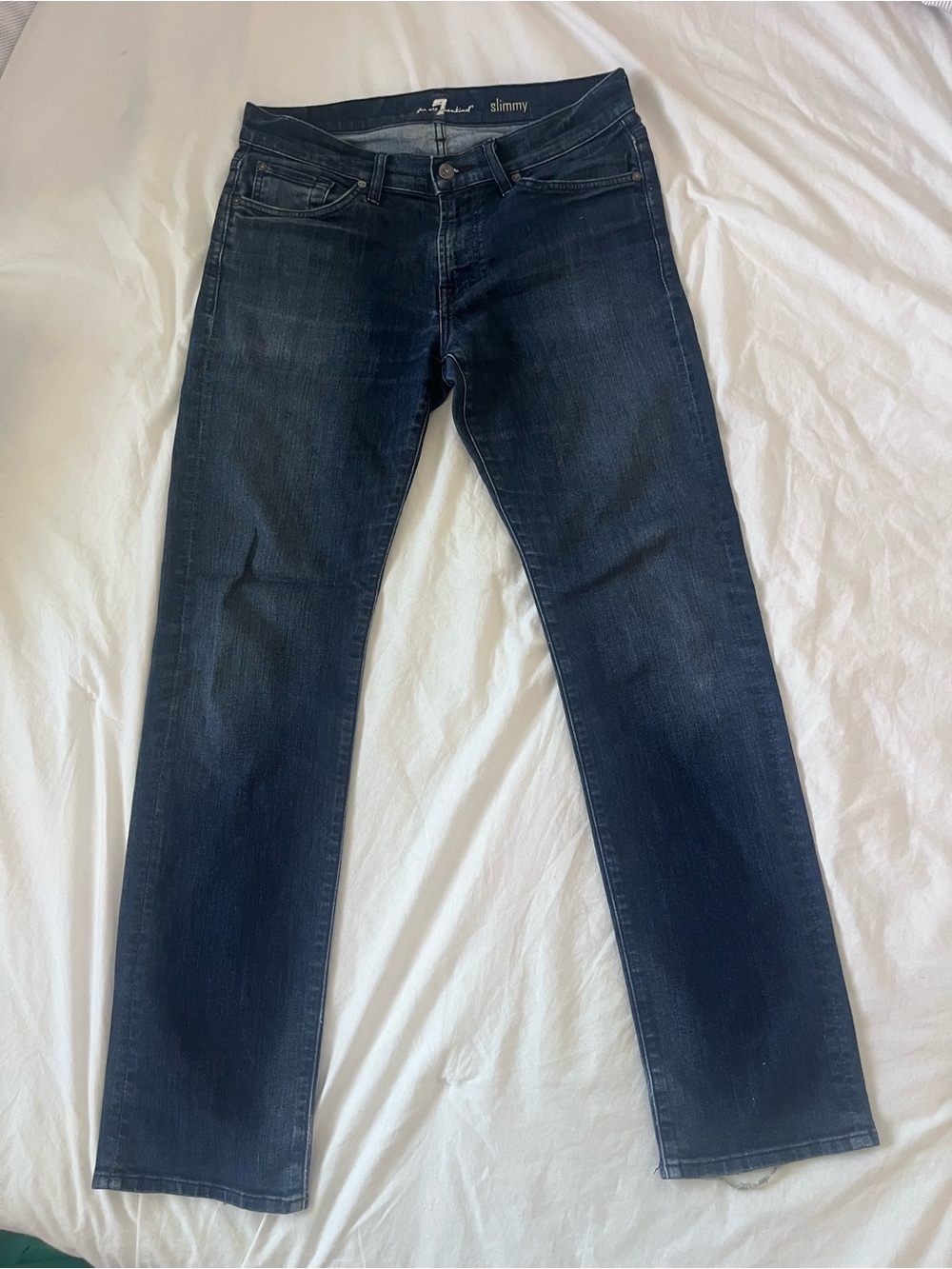 7 For All Mankind Slimmy Slim Straight Jeans Dark Wash Sz 33 Frayed Hem